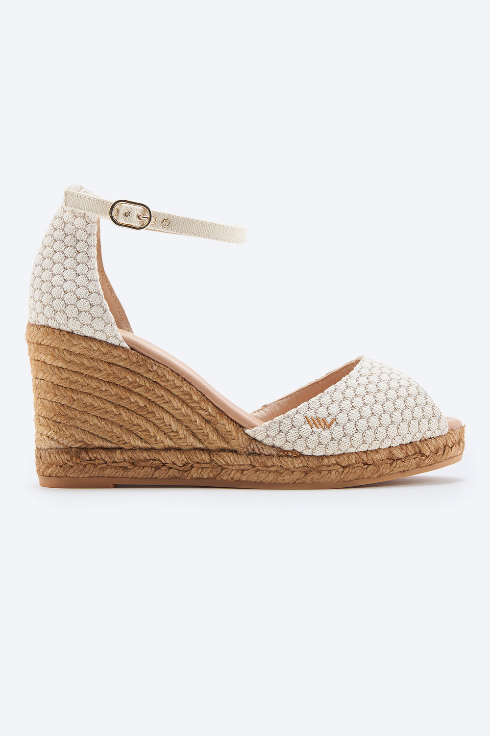 Aiguafreda Limited Edition White Mesh Canvas Ankle Strap Woman Open Toe Espadrille High Heel Wedge