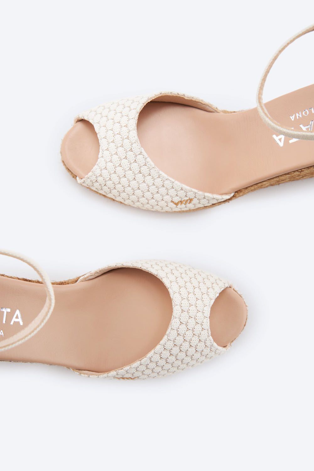 Aiguafreda Limited Edition White Mesh Canvas Ankle Strap Woman Espadrille Wedges Open Peep Toe Details