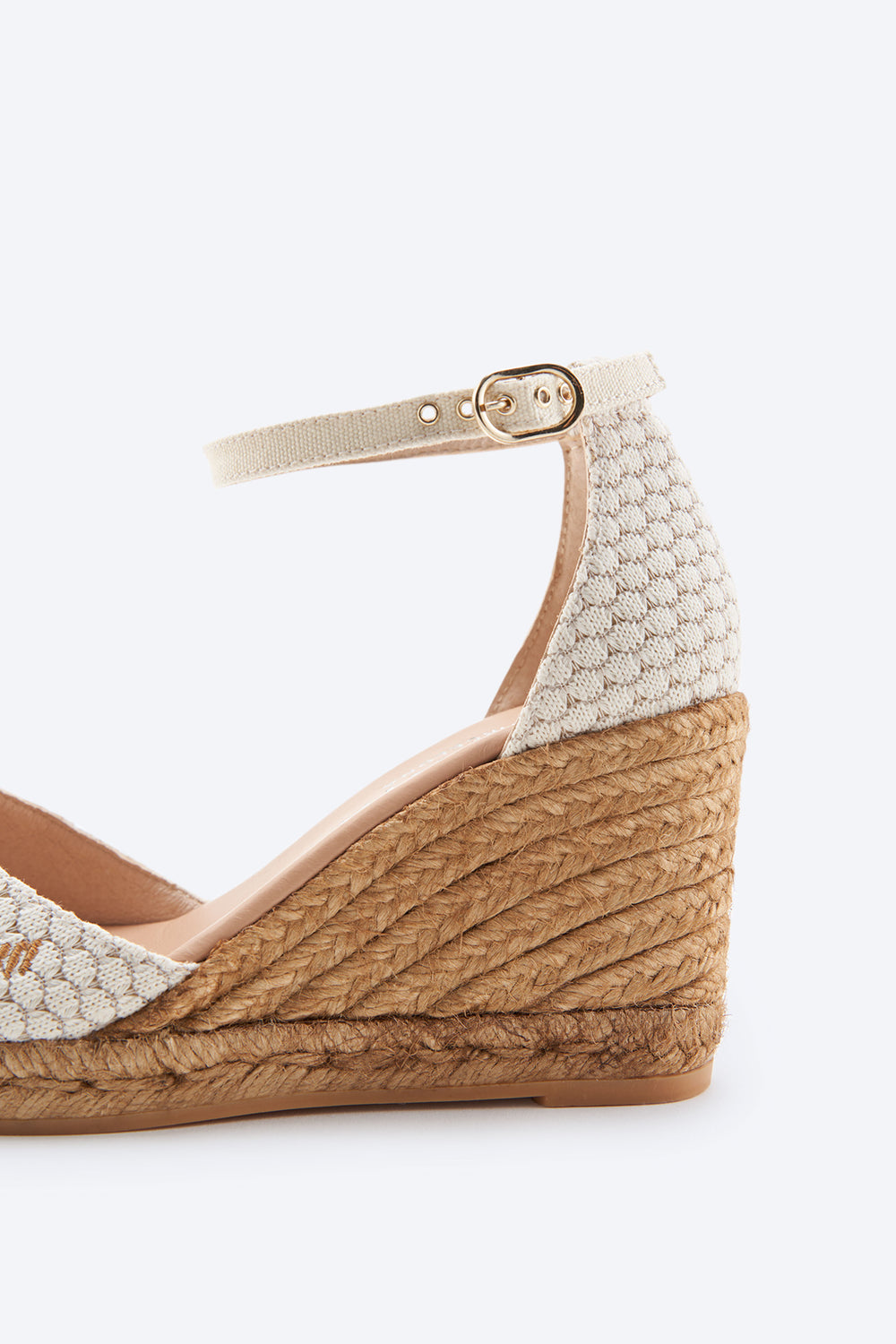 Aiguafreda Limited Edition White Mesh Canvas Woman Open Toe Espadrille High Heel Wedge Ankle Strap Back Detail