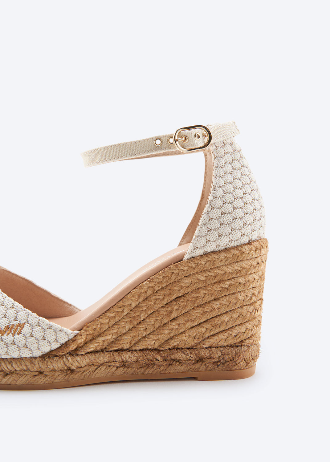 Aiguafreda Limited Edition White Mesh Canvas Woman Open Toe Espadrille High Heel Wedge Ankle Strap Back Detail
