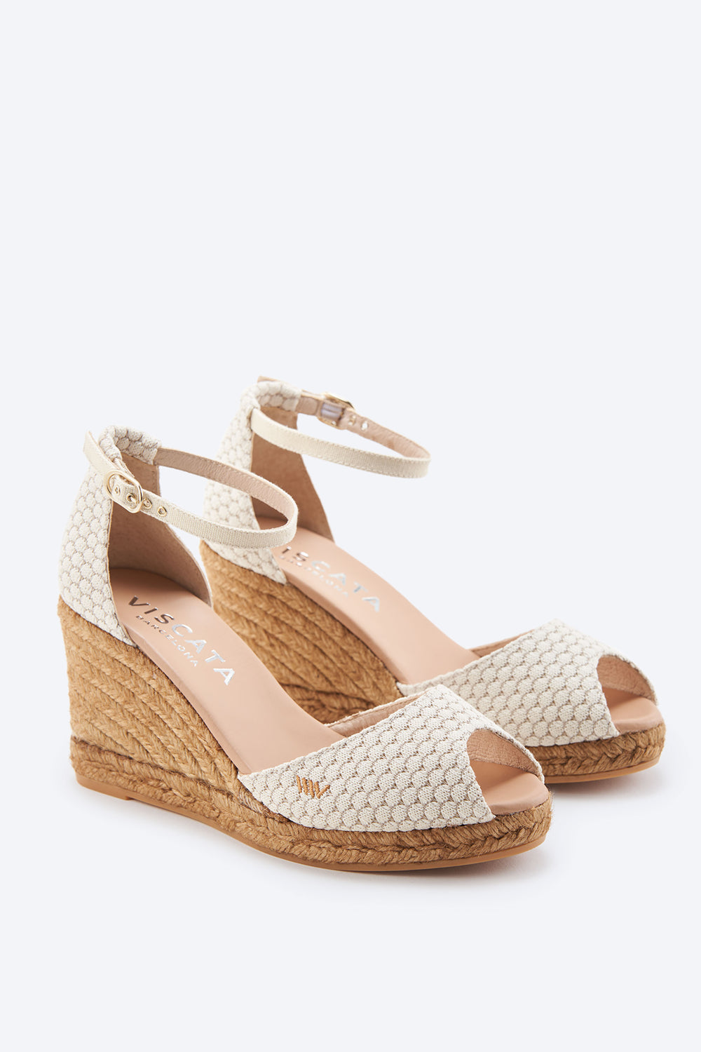 Aiguafreda Limited Edition White Mesh Canvas Ankle Strap Woman Peep Toe Espadrille High Heel Wedges