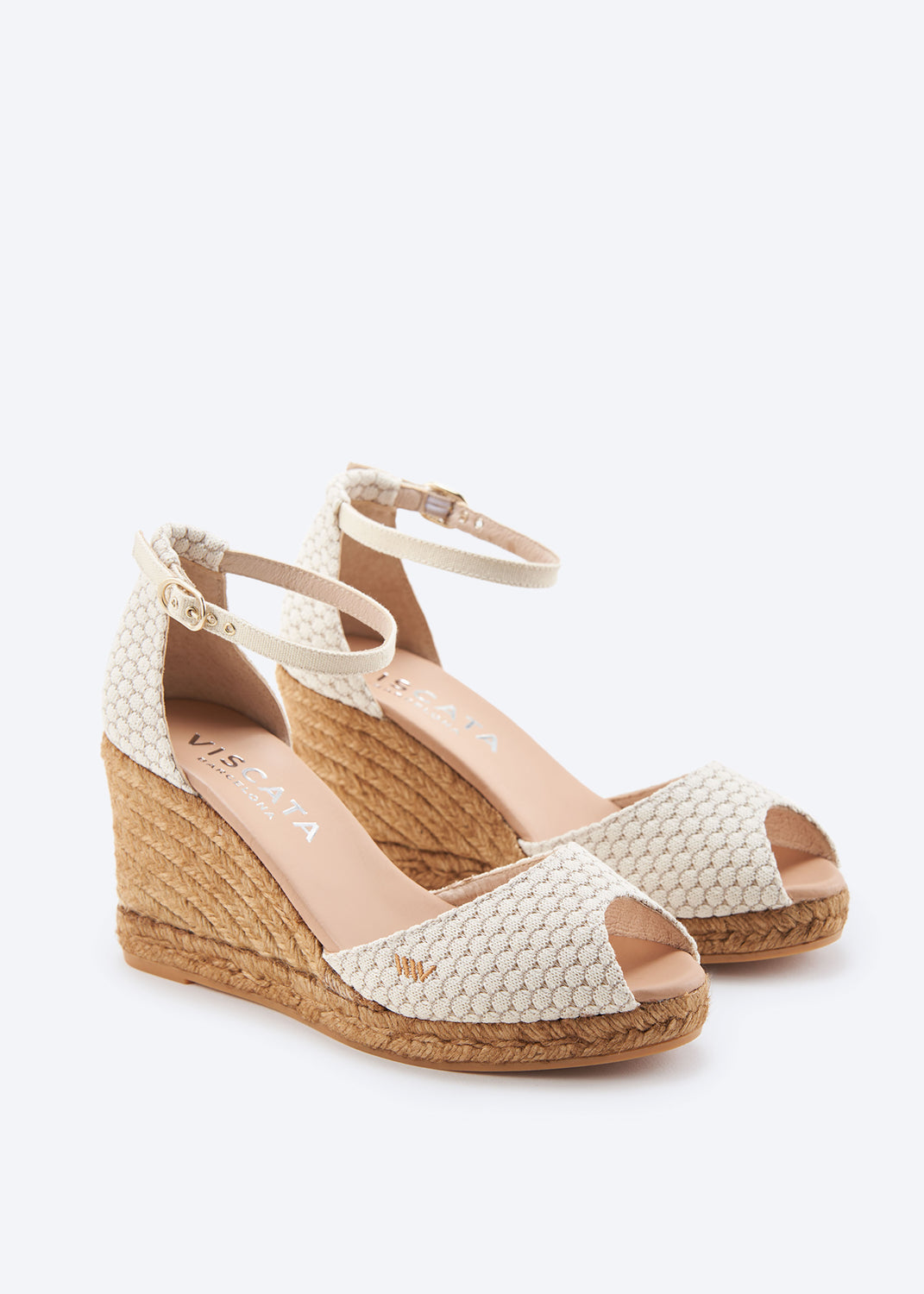 Aiguafreda Limited Edition White Mesh Canvas Ankle Strap Woman Peep Toe Espadrille High Heel Wedges