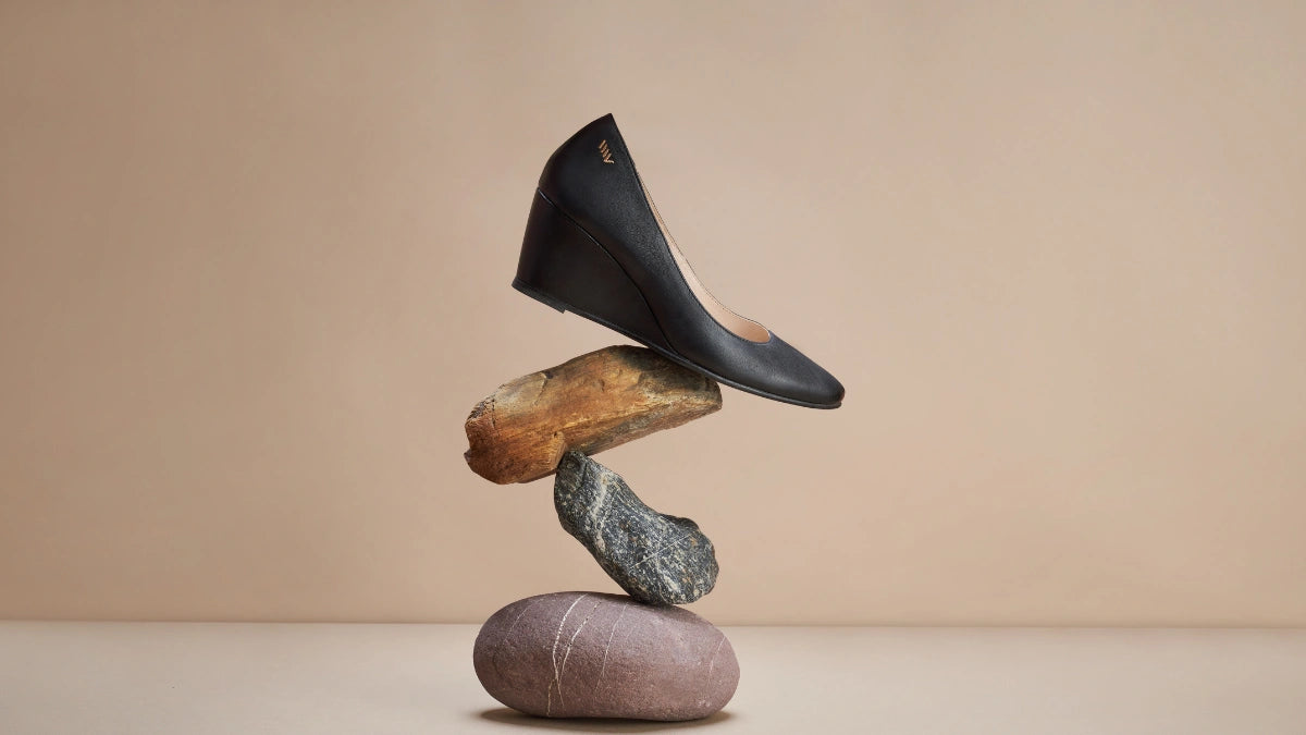 Black Friday Event still life of Verona leather black medium wedges shoes