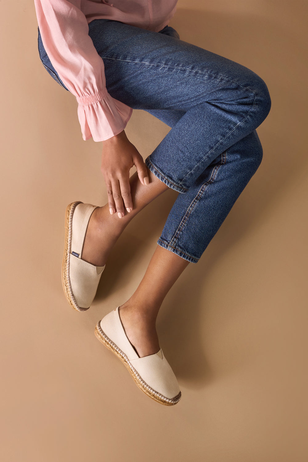 Barceloneta Beige Canvas Slip On Women Espadrille Flats Legs