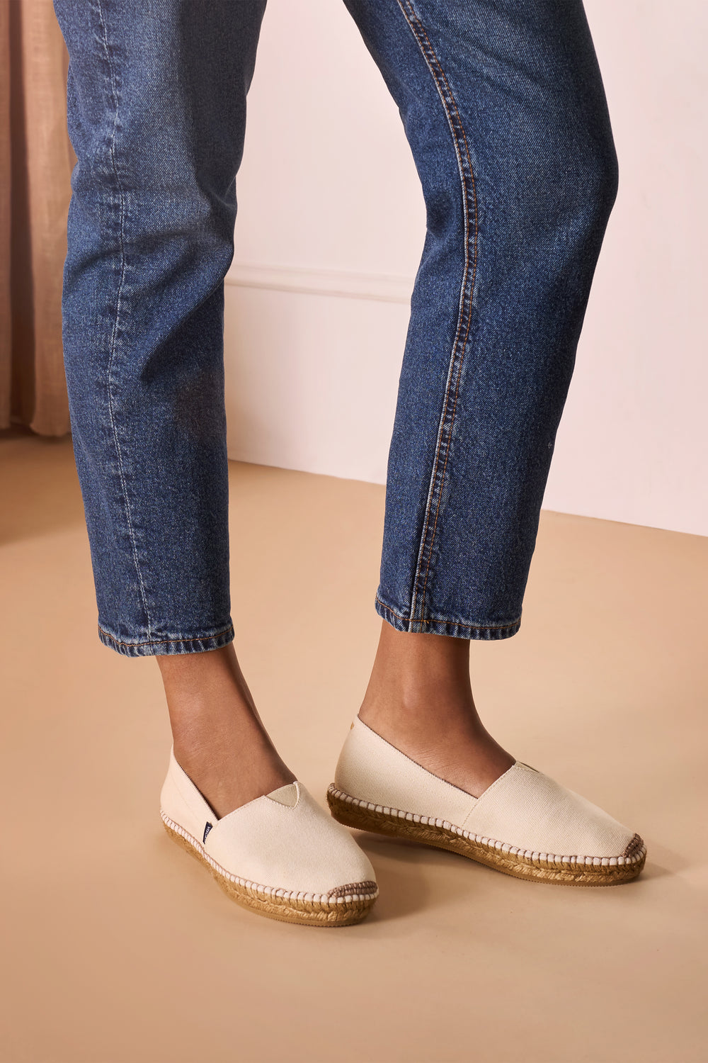 Barceloneta Beige Canvas Slip On Women Closed Toe Espadrille Flats Legs