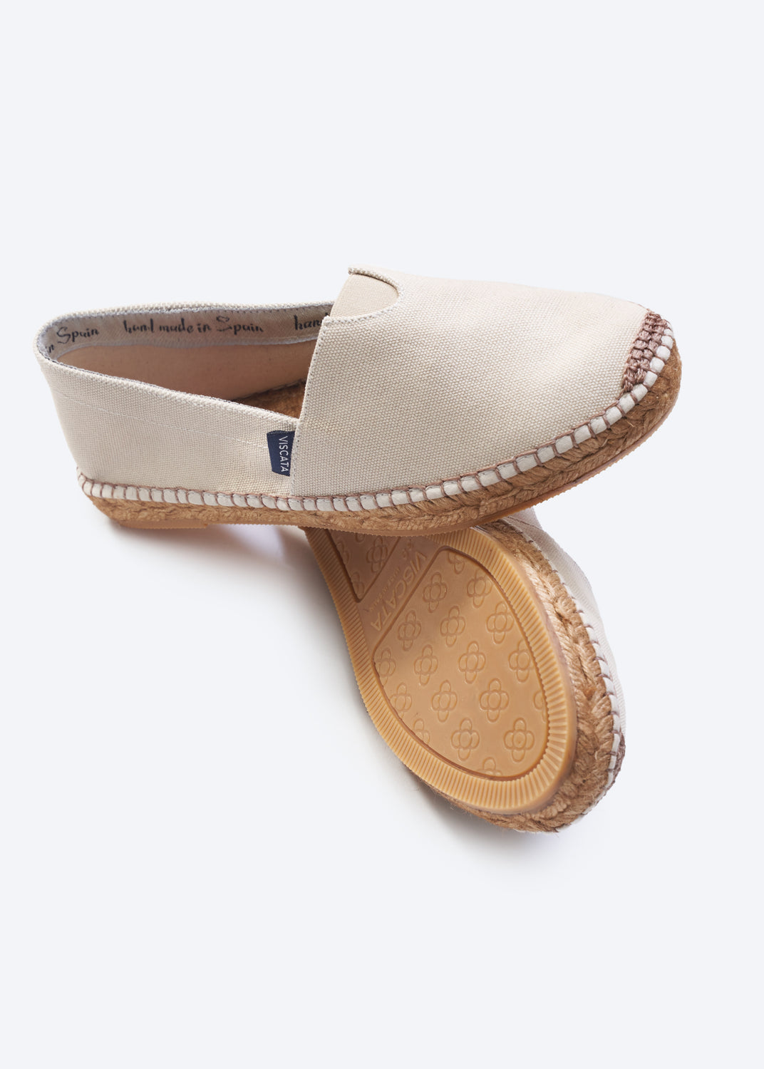 Barceloneta Beige Canvas Slip On Women Espadrille Flats Closed Toe Traditional Stitch Detail