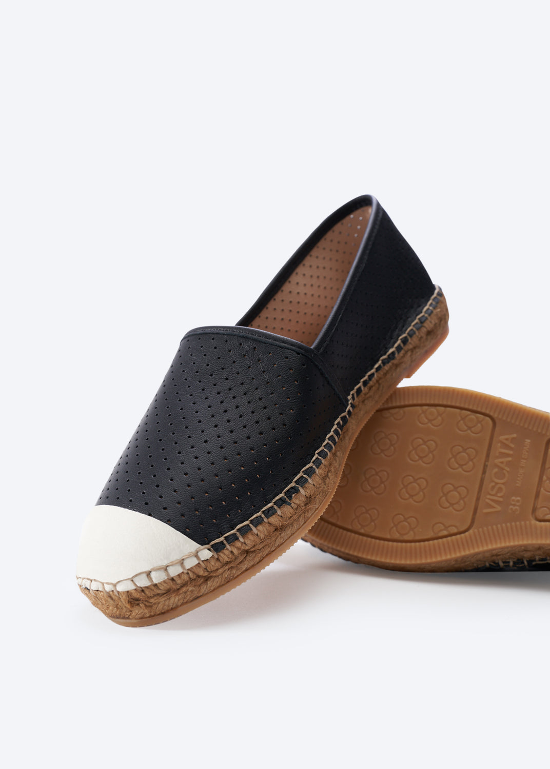 Barceloneta Limited Edition Black Leather Ivory Tip Closed Toe Slip On Women Espadrille Flat