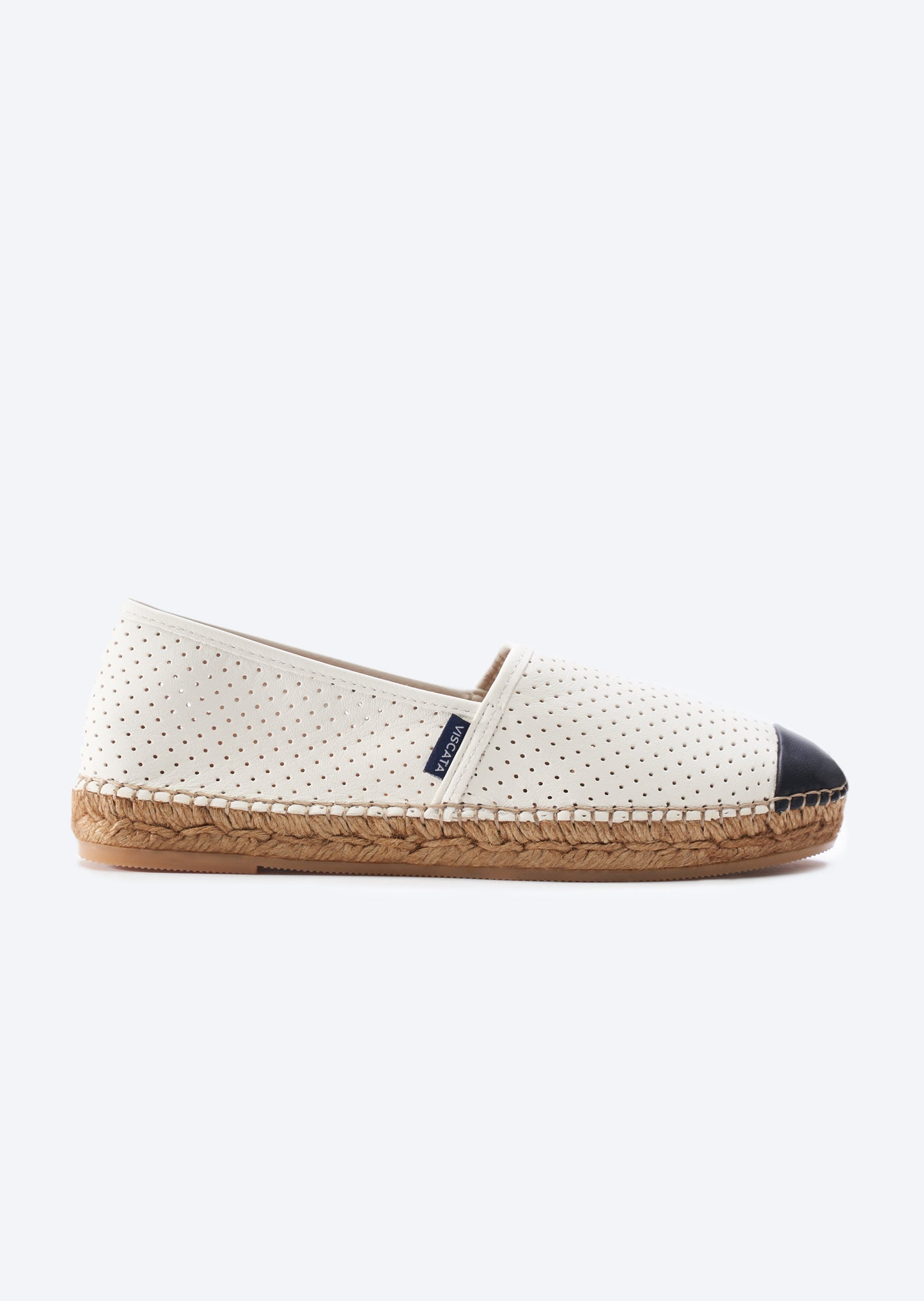 Barceloneta Limited Edition Ivory Leather Black Tip Slip On Women Espadrille Flat