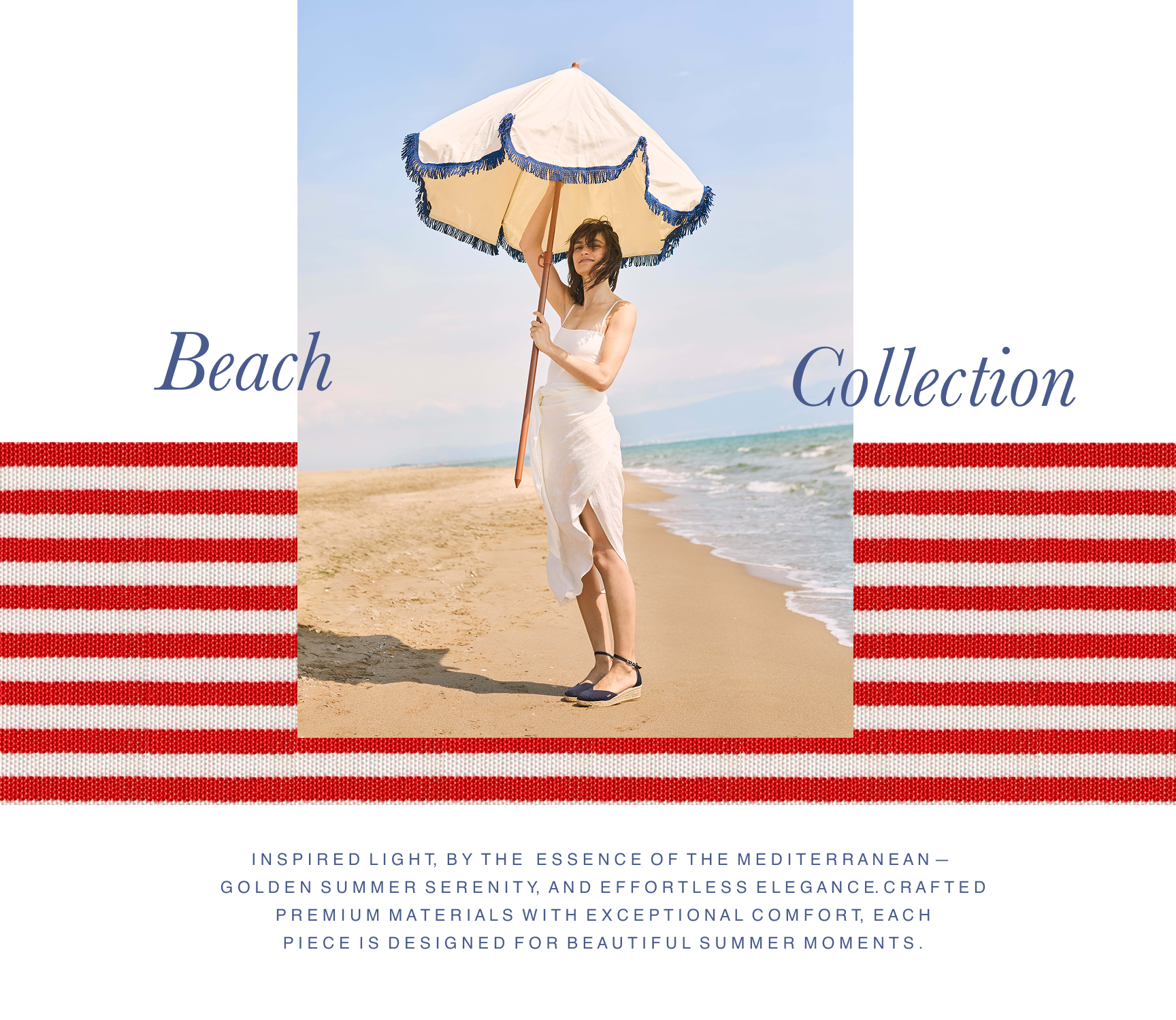 Woman holding a beach umbrella on a sandy beach with text about a 'Beach Collection'.