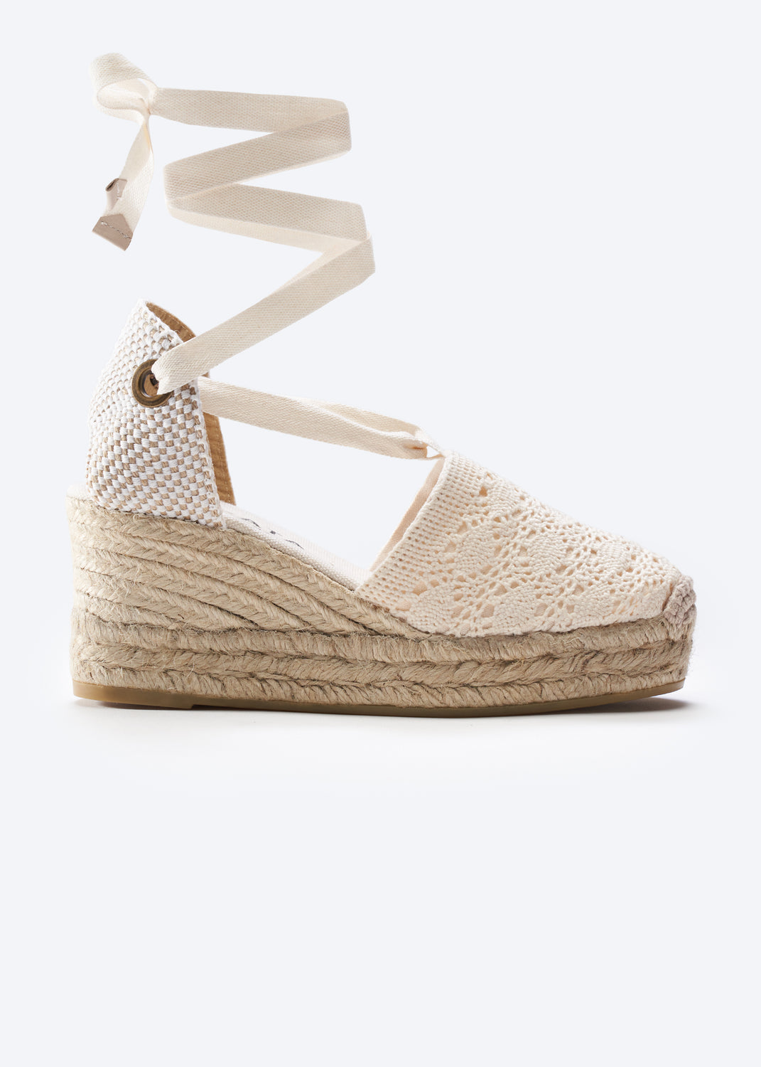 Bisbe Ivory Crochet Lace Up Women Espadrille Wedge