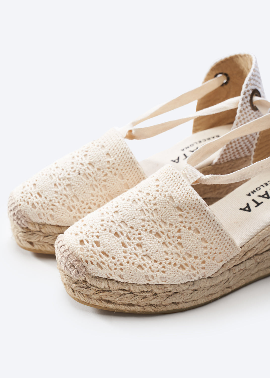 Bisbe Ivory Crochet Lace Up Women Espadrille Wedges Closed Toe Detail
