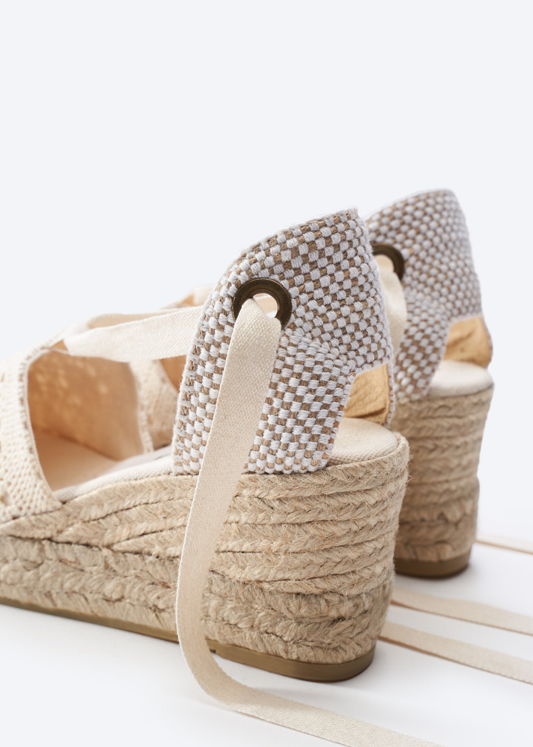 Bisbe Ivory Crochet Lace Up Women Espadrille Wedges Flexible Back Detail