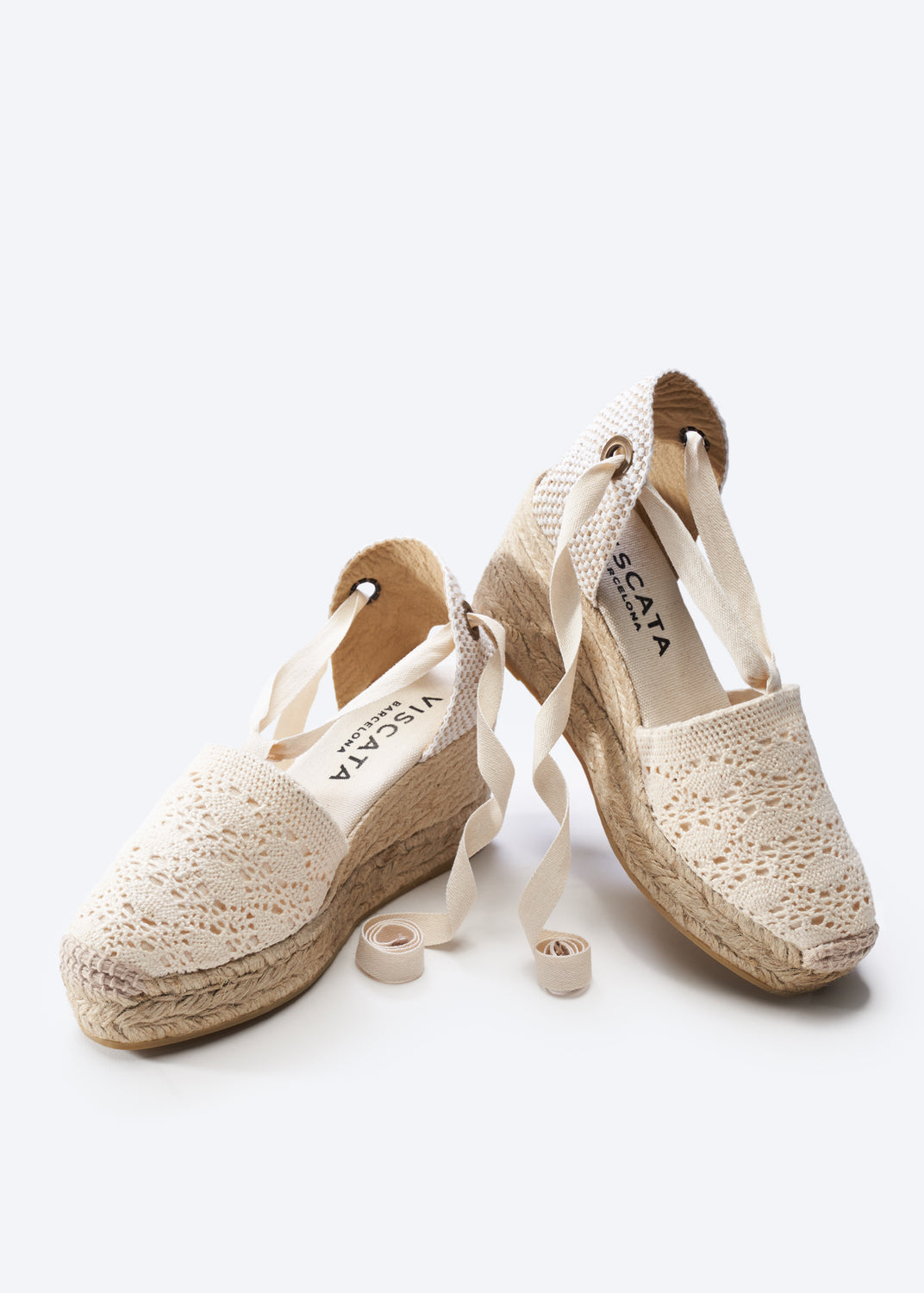 Bisbe Ivory Crochet Lace Up Women Espadrille Platform Wedges