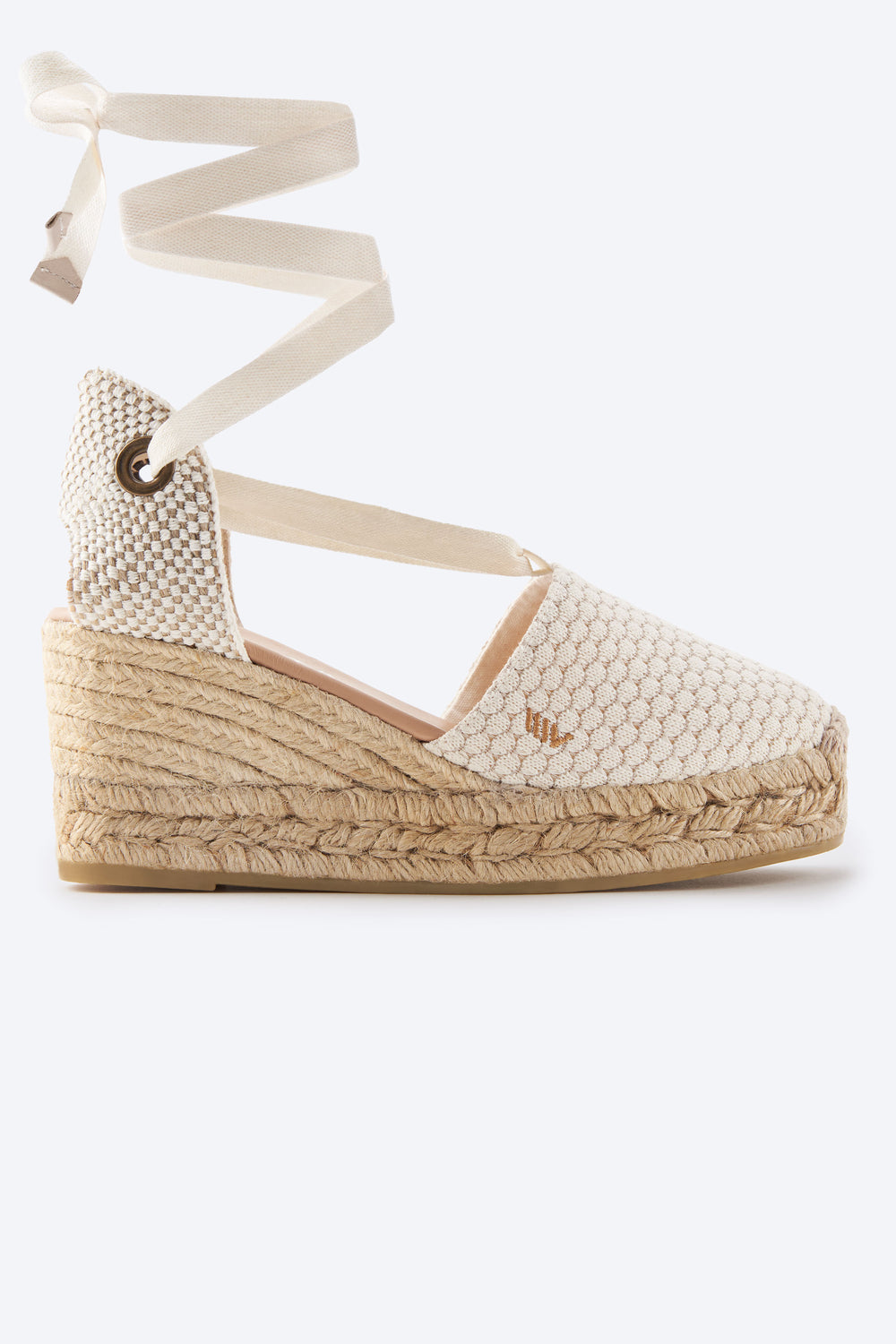 Bisbe Limited Edition White Mesh Canvas Lace Up Women Espadrille Wedge