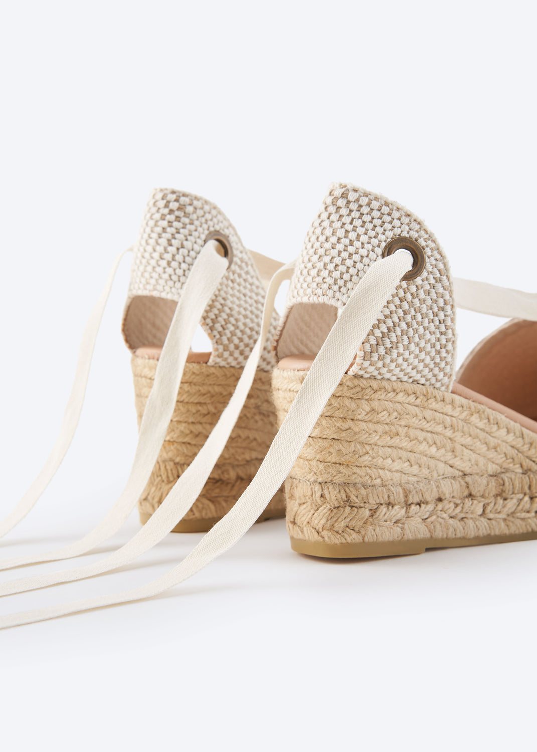 Bisbe Limited Edition White Mesh Canvas Lace Up Women Espadrille Wedges Flexible Back Detail