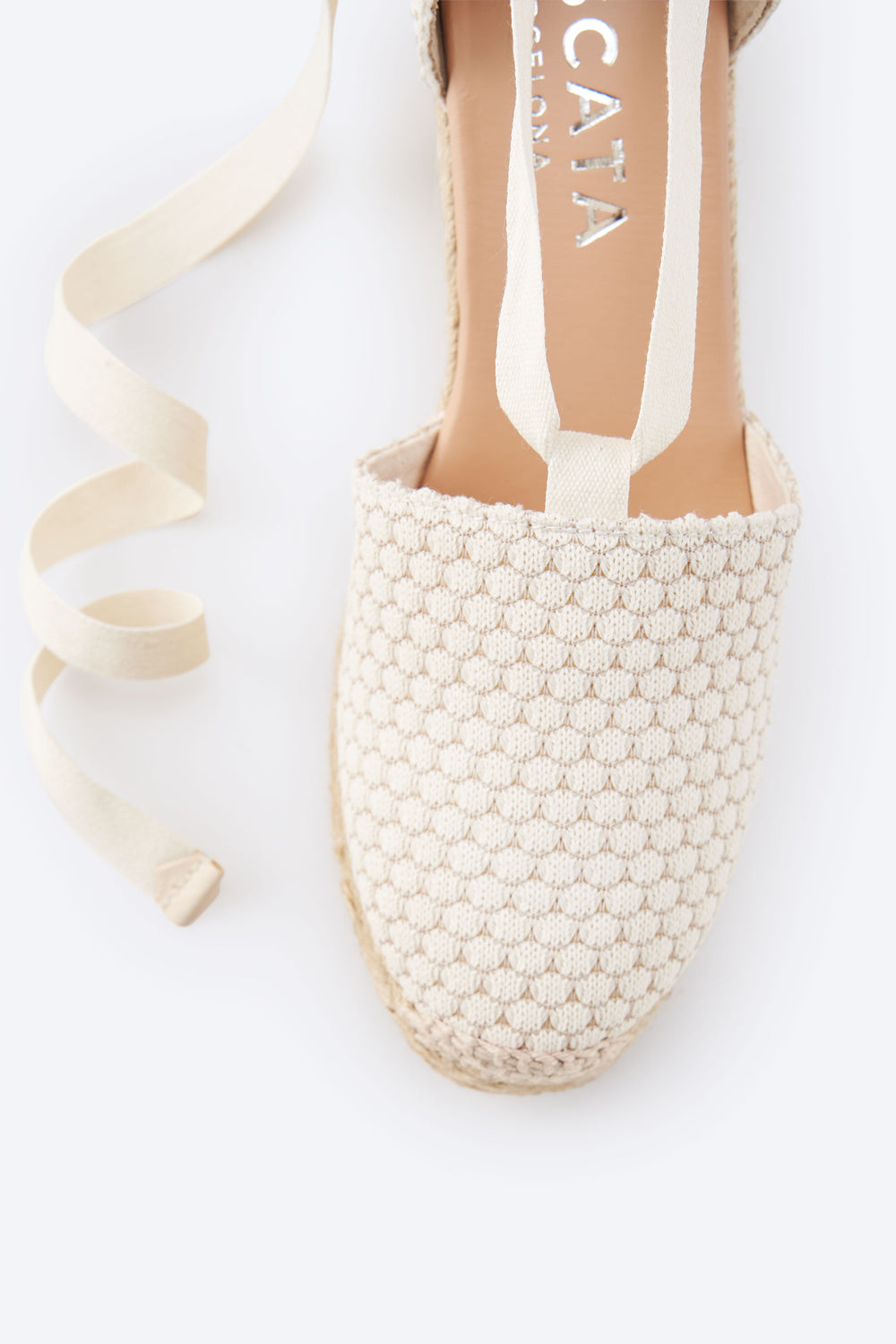 Bisbe Limited Edition White Mesh Canvas Lace Up Women Espadrille Wedges Rounded Closed Toe Detail