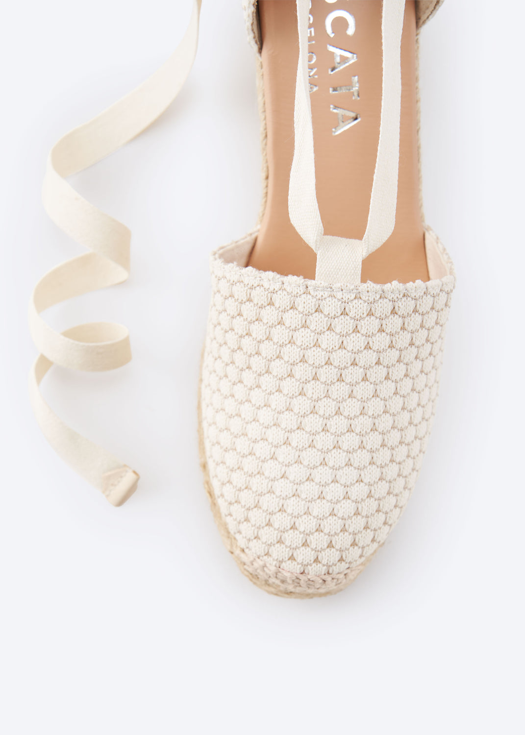 Bisbe Limited Edition White Mesh Canvas Lace Up Women Espadrille Wedges Rounded Closed Toe Detail
