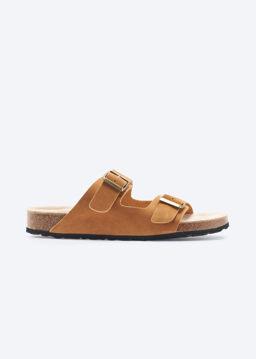 Camel suede two-strap slide sandal with buckles, side profile.
