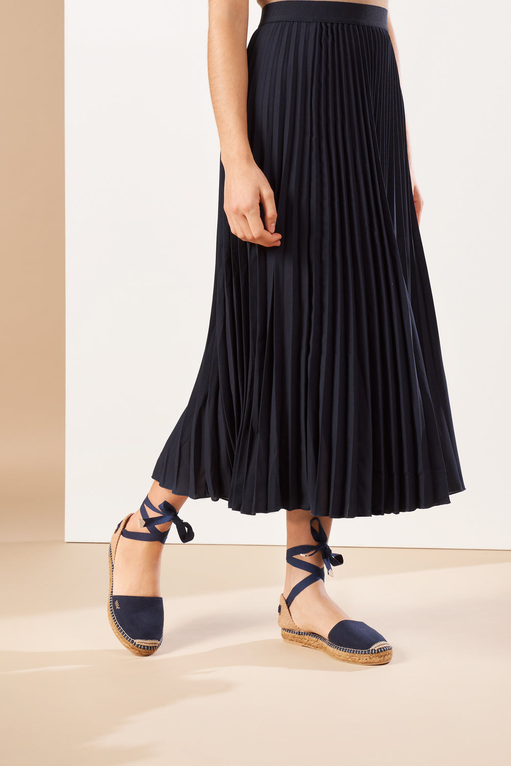 Candell Navy Blue Canvas Lace Up Espadrille Flats Legs