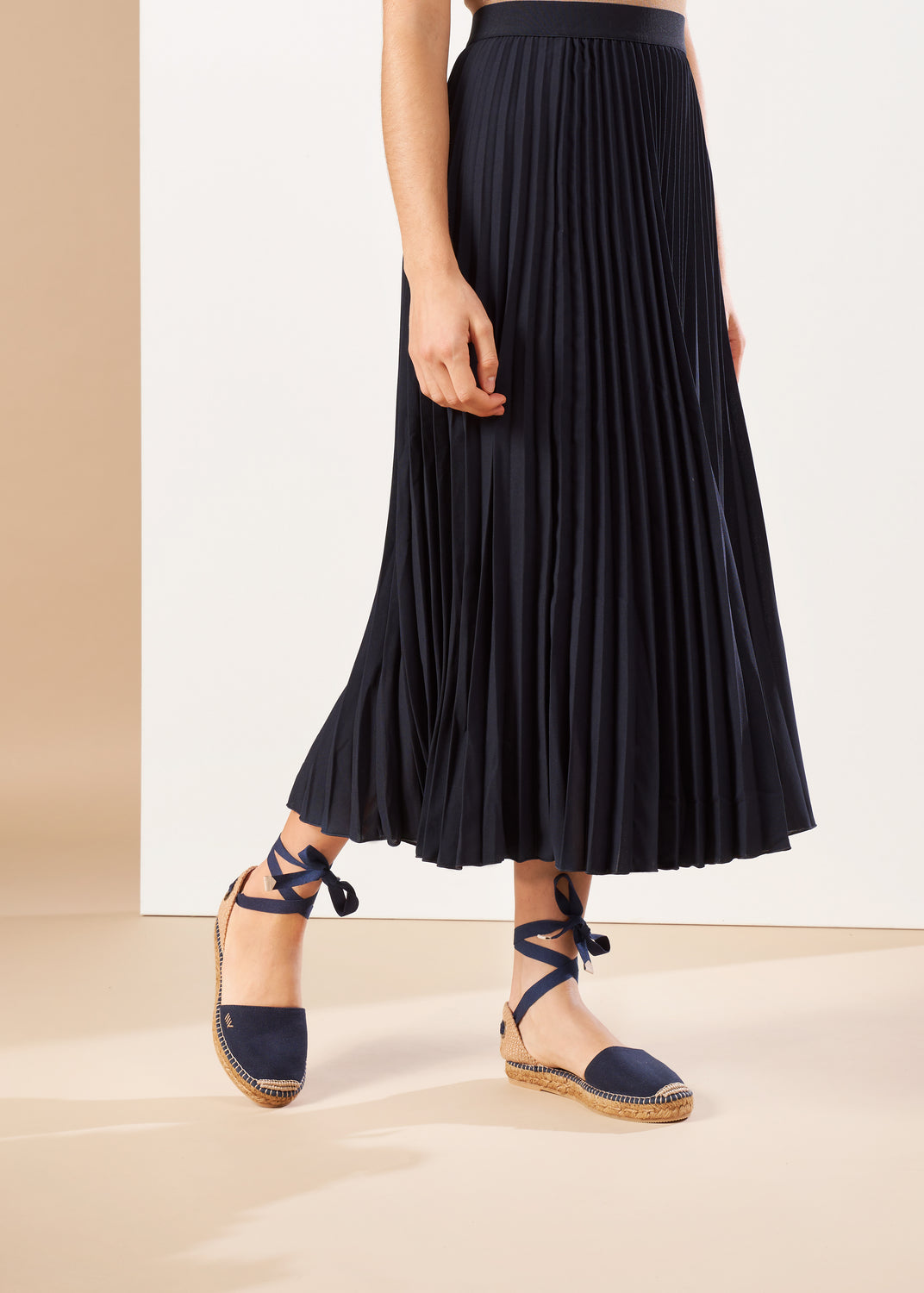 Candell Navy Blue Canvas Lace Up Espadrille Flats Legs