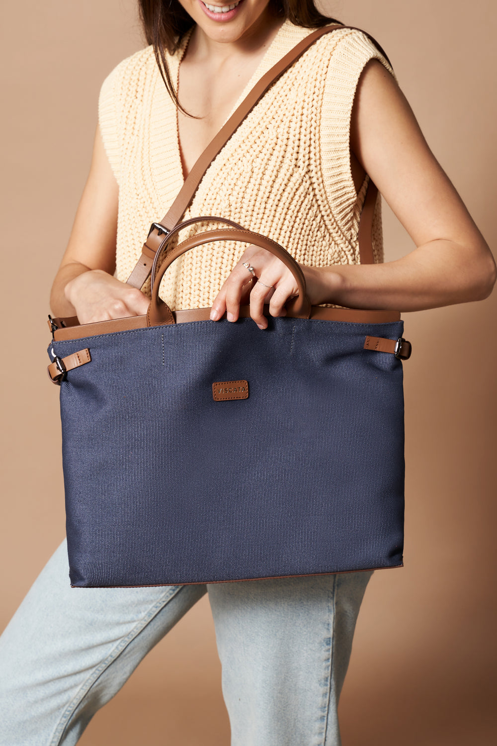 Woman Wearing Cannes Navy Blue Women Large Canvas Crossbag
