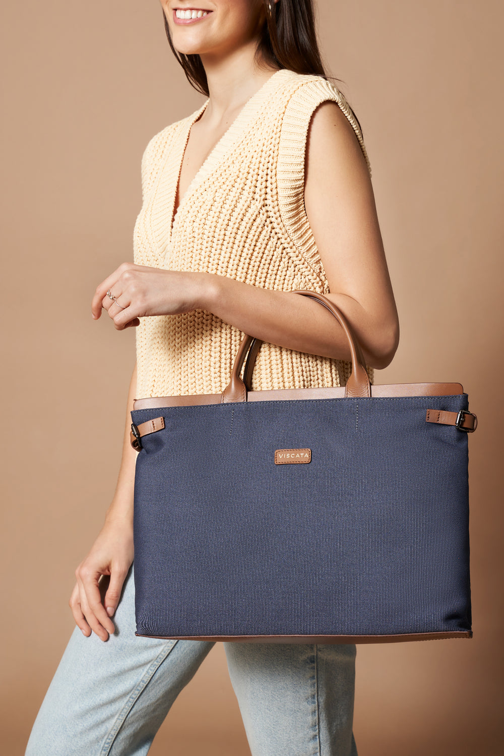 Woman Wearing a Viscata Cannes Navy Blue Women Large Canvas Handbag
