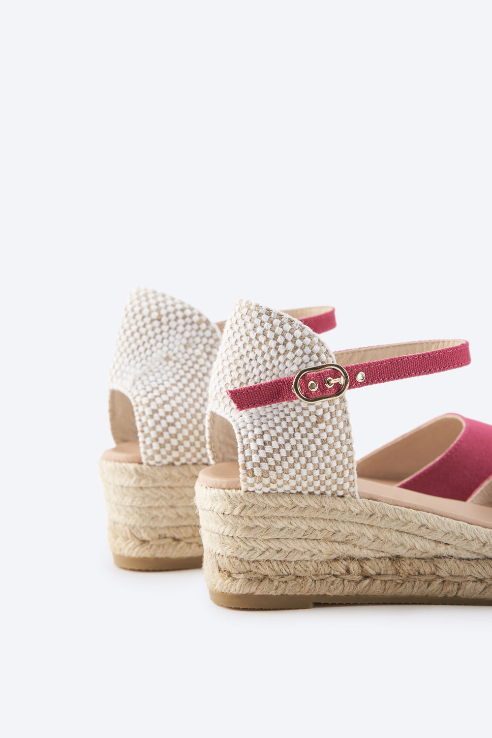 Cavall Limited Edition Fuchsia Canvas Woman Open Toe Espadrille Low Heel Wedges Ankle Strap Flexible Back Detail
