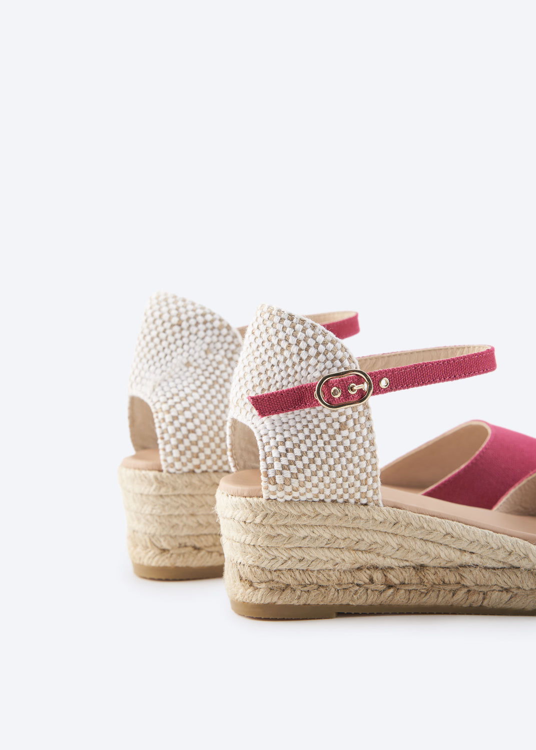 Cavall Limited Edition Fuchsia Canvas Woman Open Toe Espadrille Low Heel Wedges Ankle Strap Flexible Back Detail