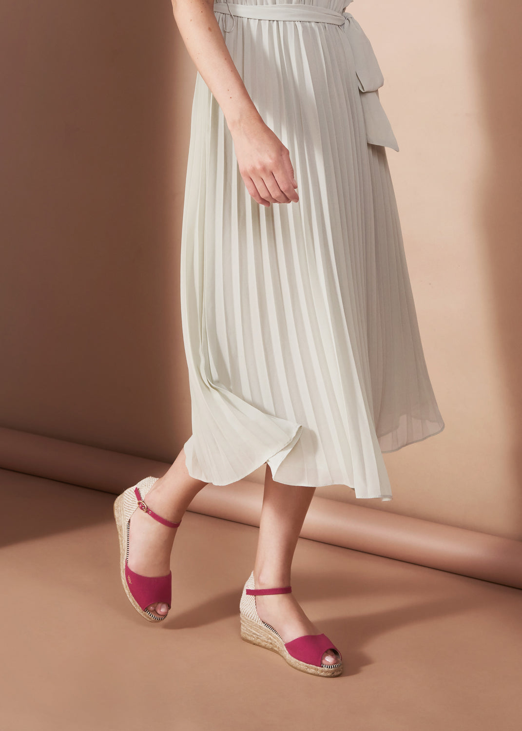 Cavall Limited Edition Fuchsia Canvas Ankle Strap Woman Open Toe Espadrille Low Wedges Legs