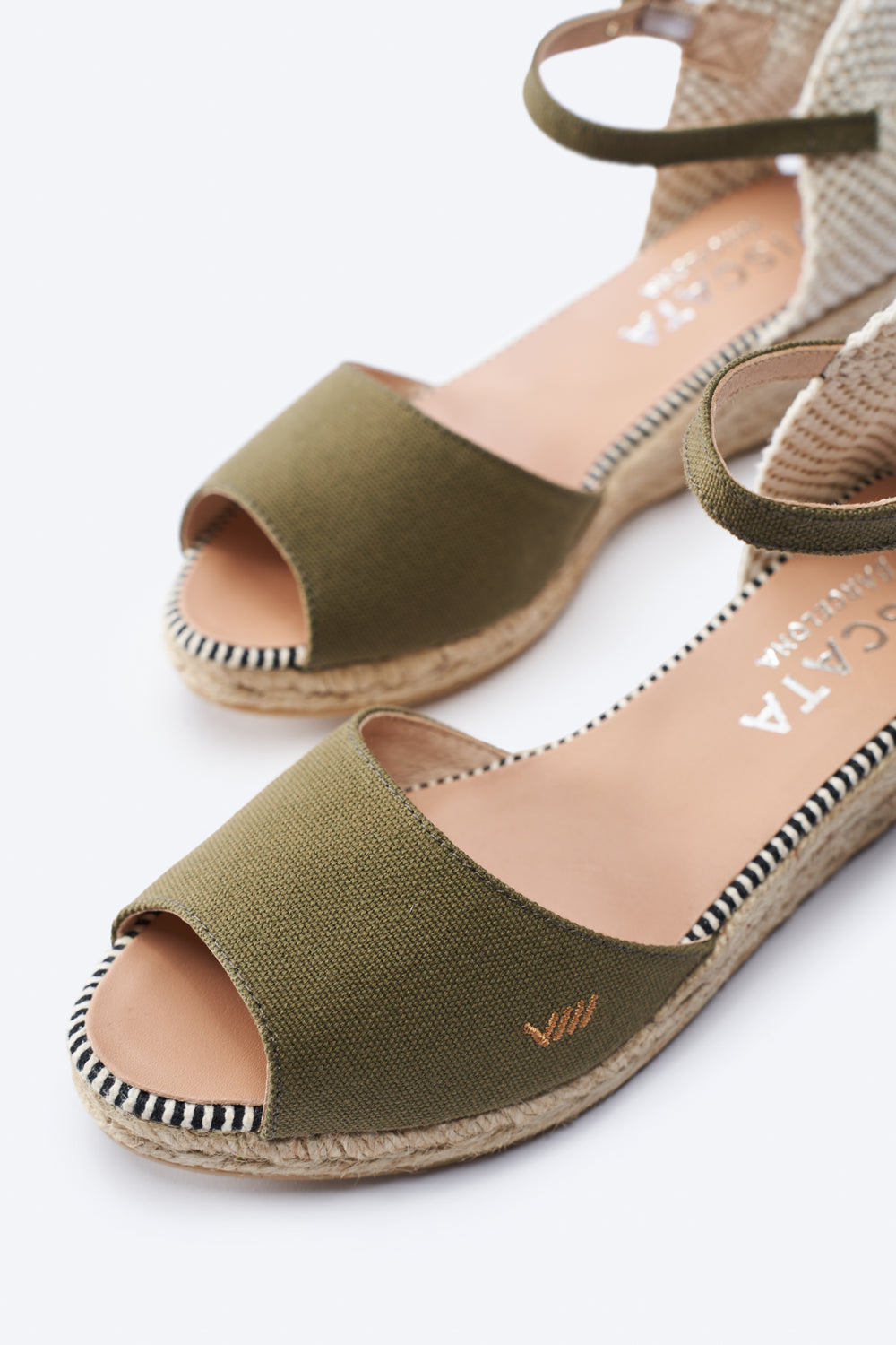 Cavall Limited Edition Olive Canvas Ankle Strap Woman Espadrille Wedges Open Toe Detail