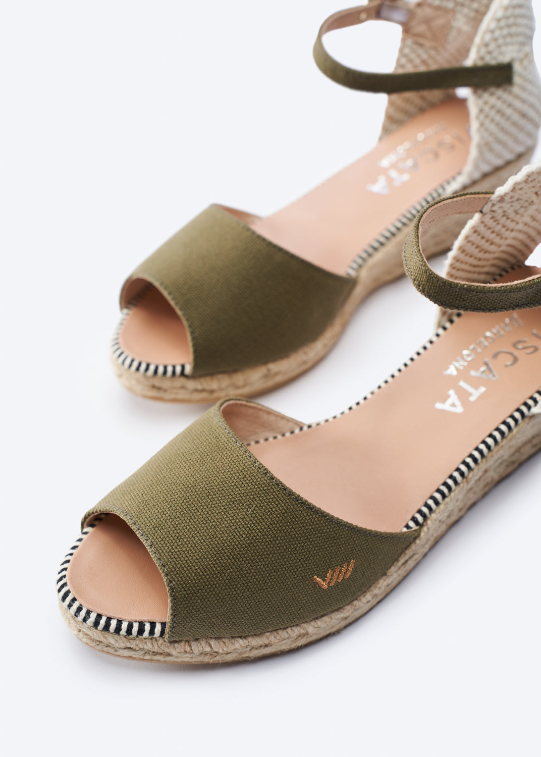 Cavall Limited Edition Olive Canvas Ankle Strap Woman Espadrille Wedges Open Toe Detail