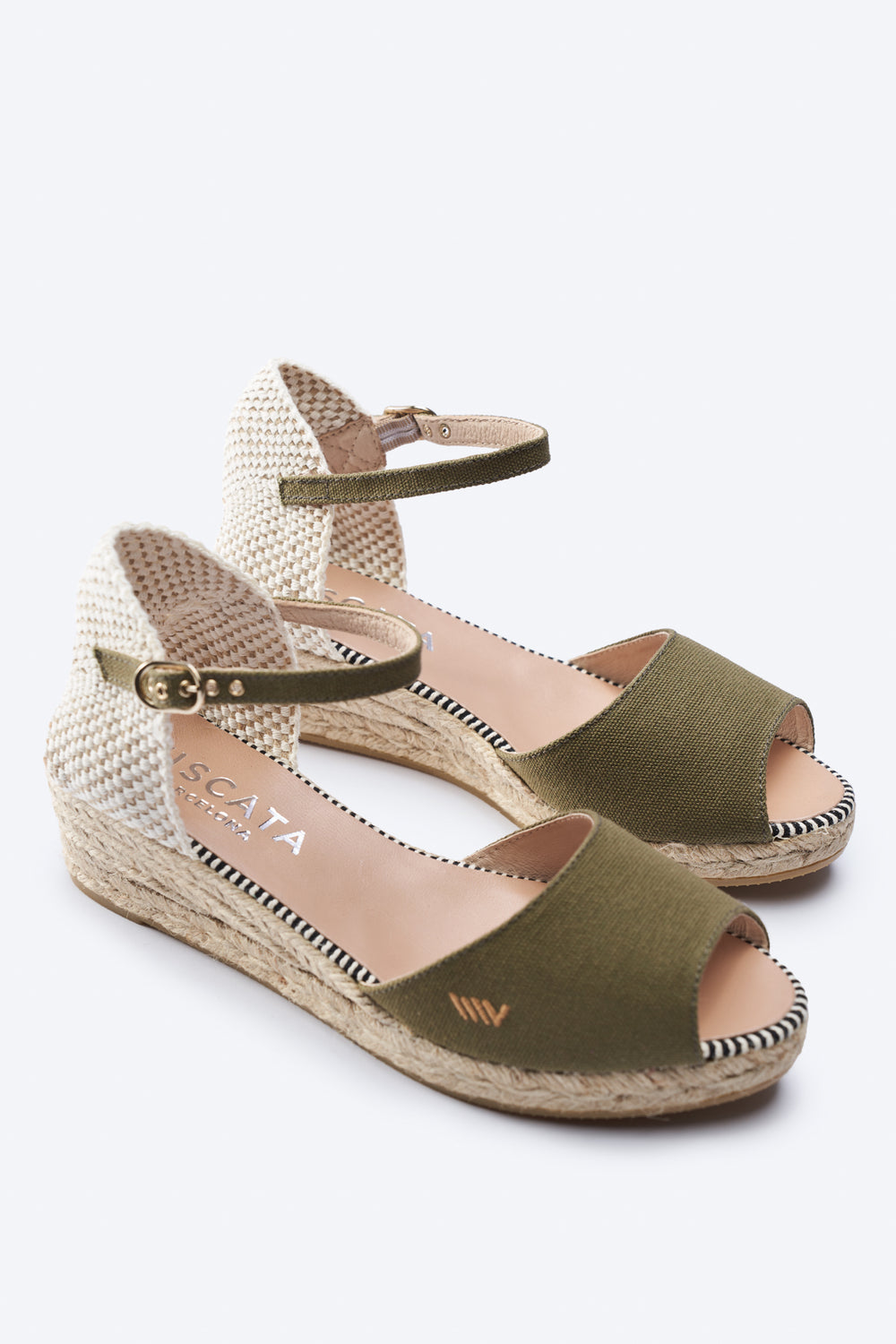 Cavall Limited Edition Olive Canvas Ankle Strap Woman Open Toe Espadrille Low Wedges