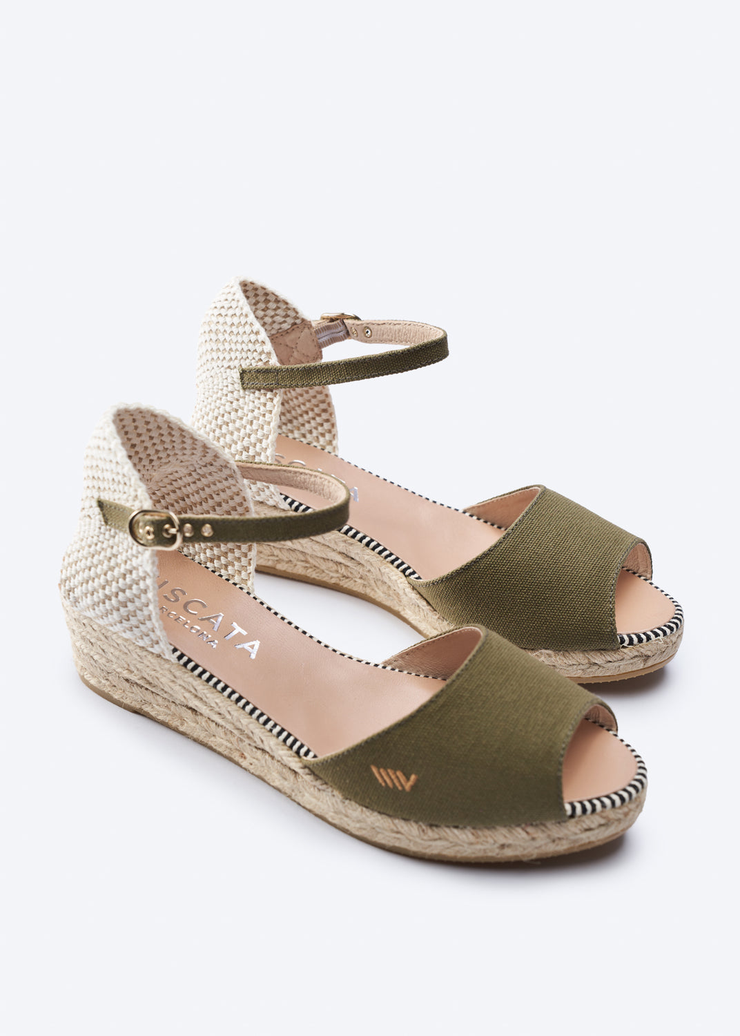 Cavall Limited Edition Olive Canvas Ankle Strap Woman Open Toe Espadrille Low Wedges