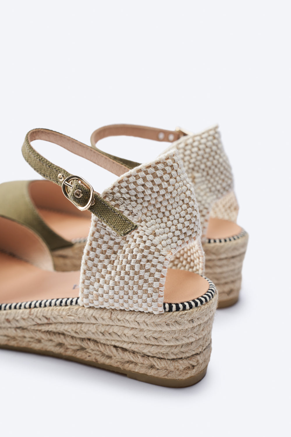 Cavall Limited Edition Olive Canvas Ankle Strap Woman Open Toe Espadrille Low Wedges Flexible Back Detail
