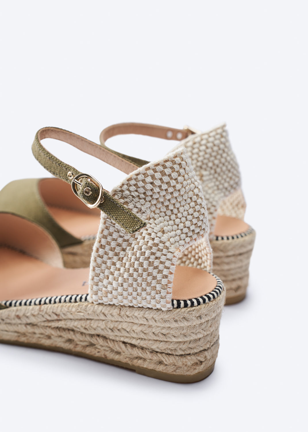Cavall Limited Edition Olive Canvas Ankle Strap Woman Open Toe Espadrille Low Wedges Flexible Back Detail