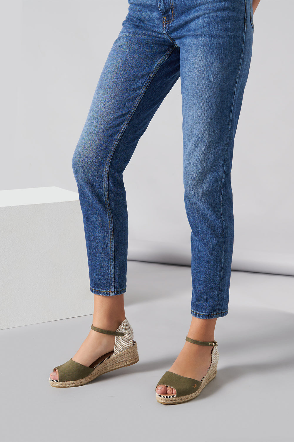 Cavall Limited Edition Olive Canvas Ankle Strap Woman Open Toe Espadrille Wedges Legs