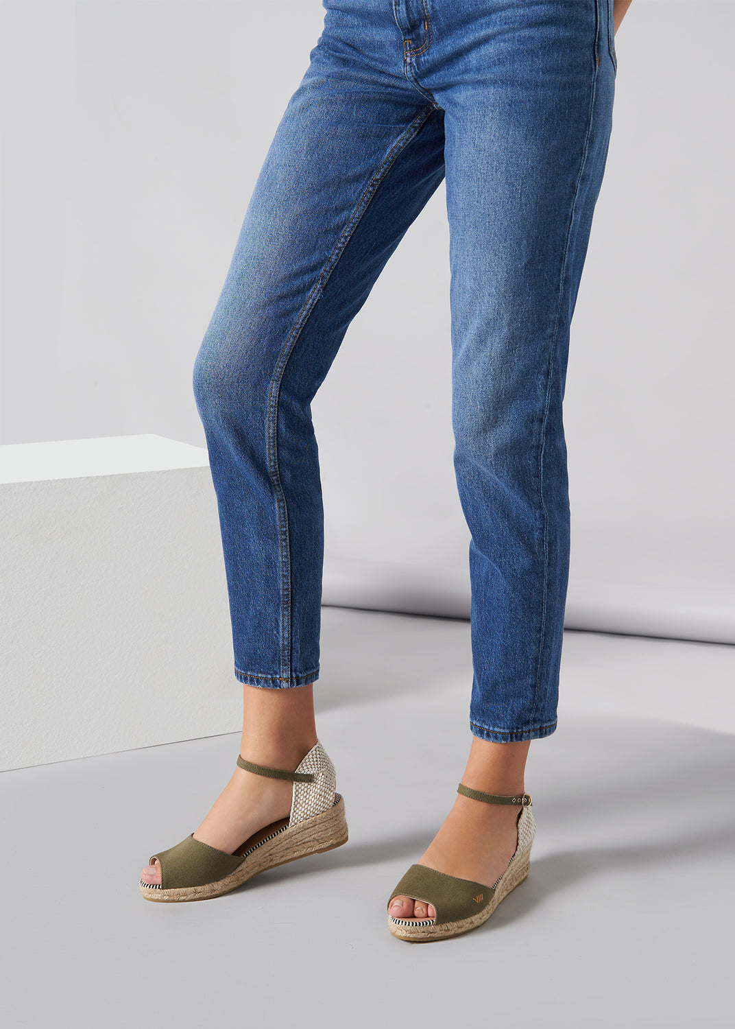 Cavall Limited Edition Olive Canvas Ankle Strap Woman Open Toe Espadrille Wedges Legs