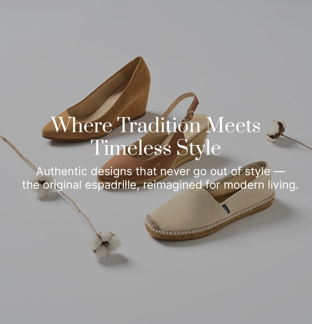 Viscata espadrille collection featuring tan suede wedge pumps, brown slingback wedge espadrilles, and beige canvas slip-on flats, displayed on a neutral background with cotton branches for a natural touch