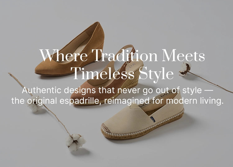 Viscata espadrille collection featuring camel suede wedge pumps, brown slingback wedge espadrilles, and beige canvas slip-on flats, displayed on a neutral background with cotton branches for a natural touch