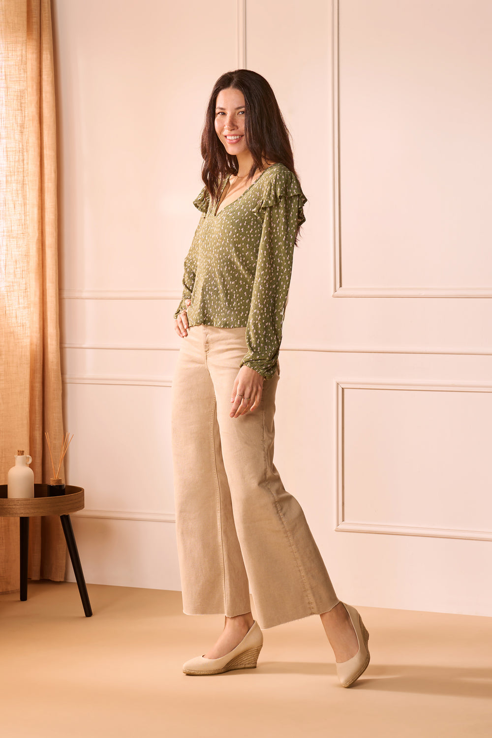 Roses U Cut Beige Canvas Slip On Women Espadrille Medium Wedges Outfit