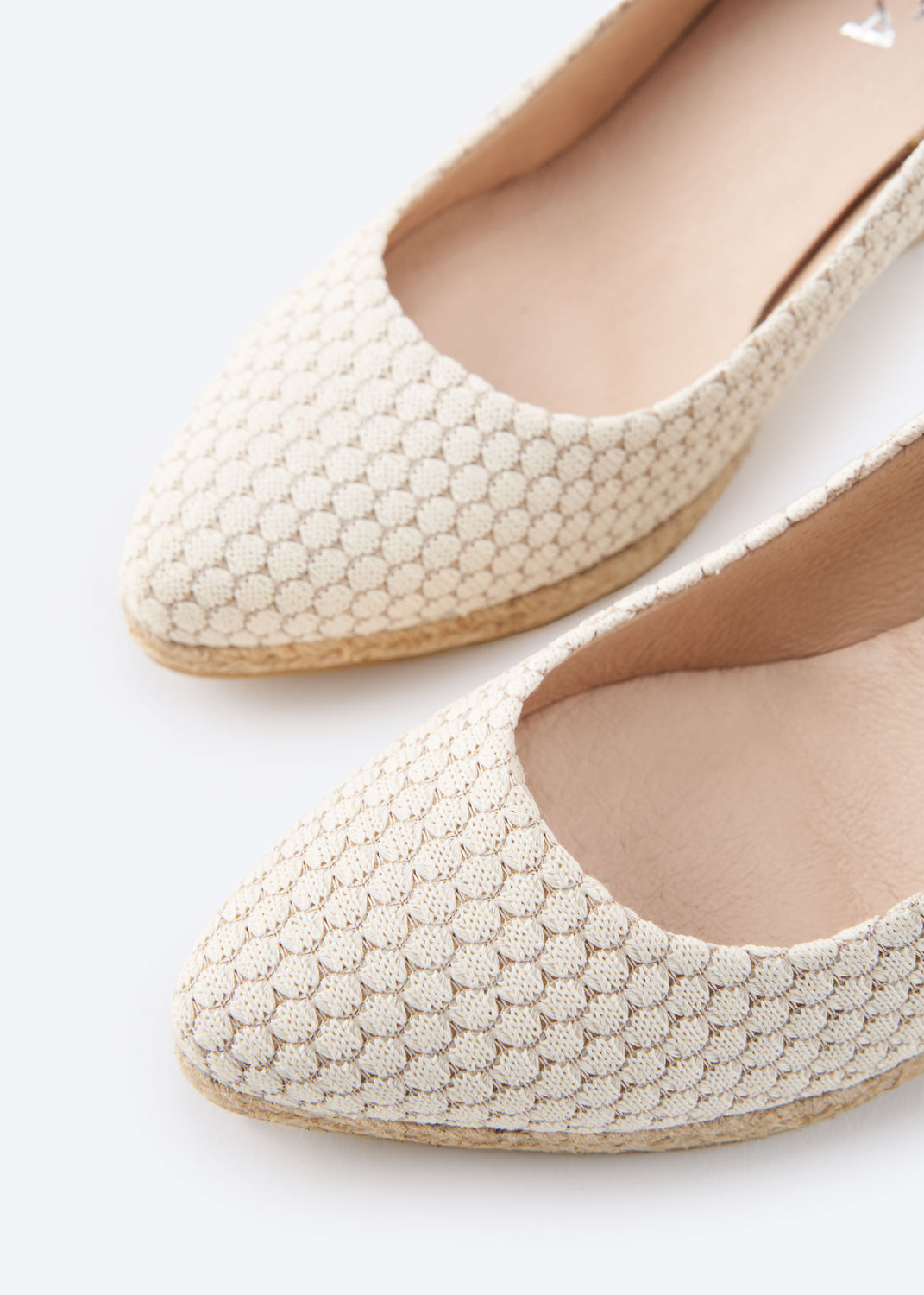 Roses U Cut Limited Edition White Mesh Canvas Slip On Women Espadrille Medium Heel Wedges Closed Pointed Toe Detail
