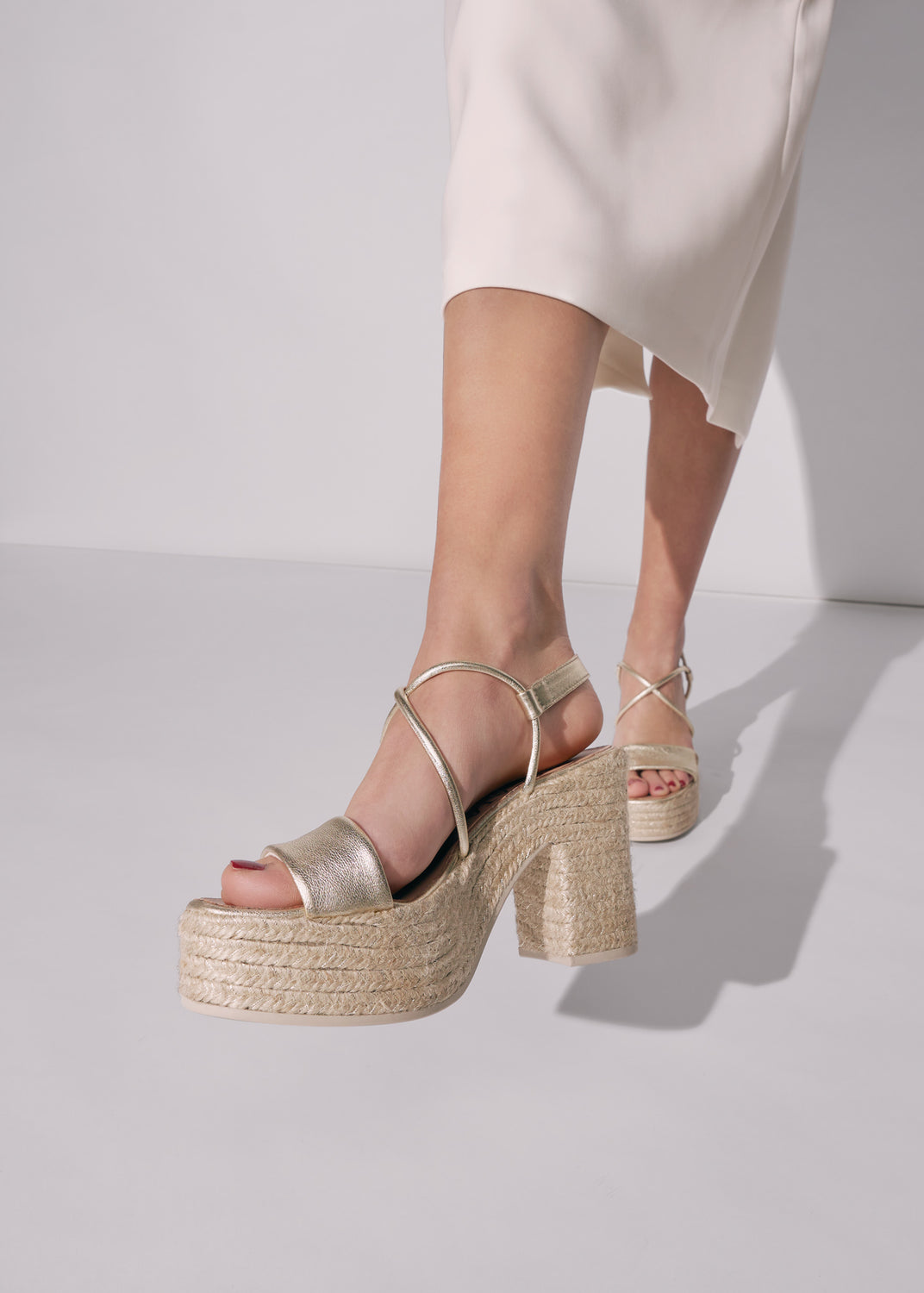 Elia Gold Leather Women Espadrille Sandal Heels Legs