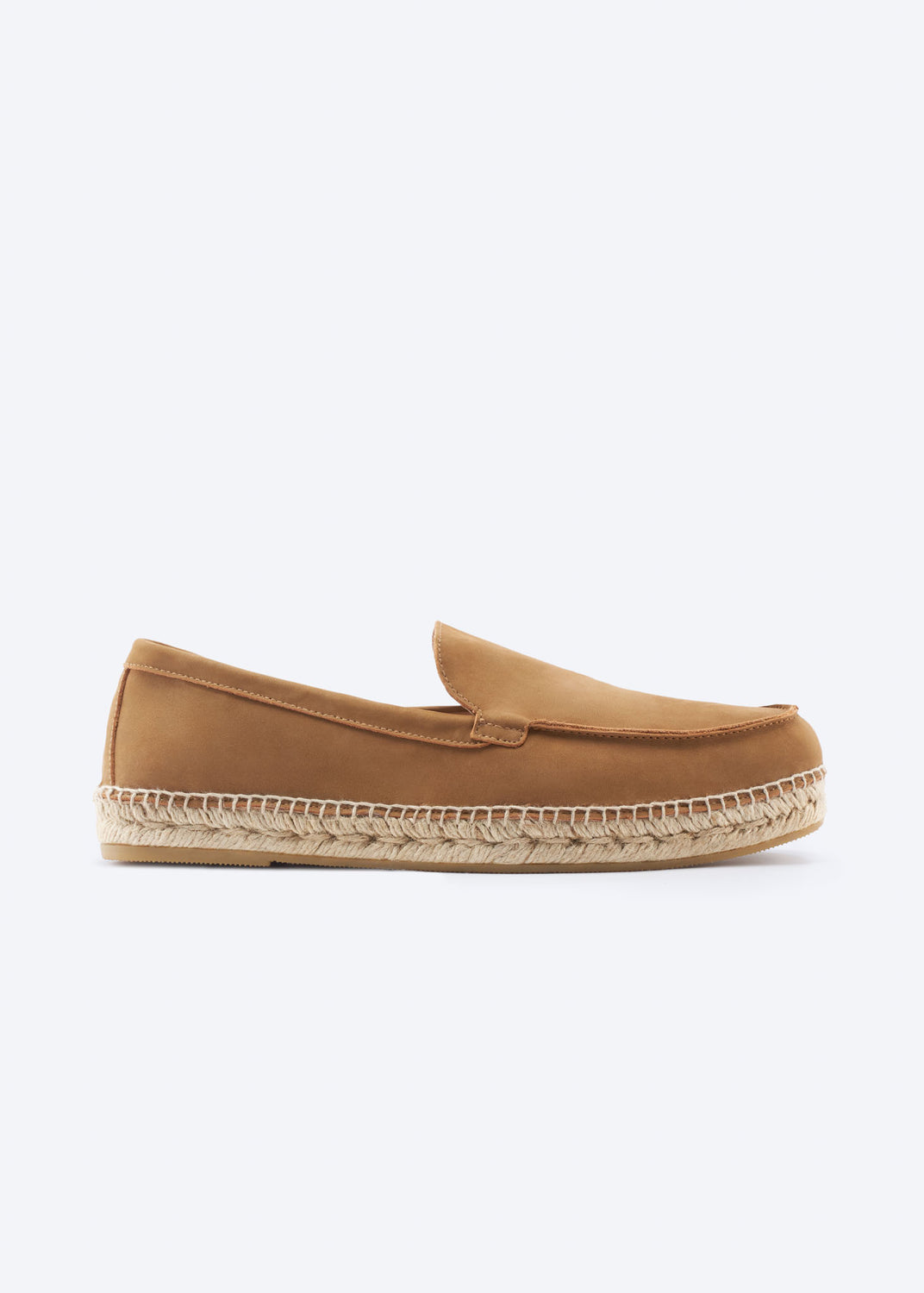 Camel suede espadrille flat loafer with jute sole, side profile.