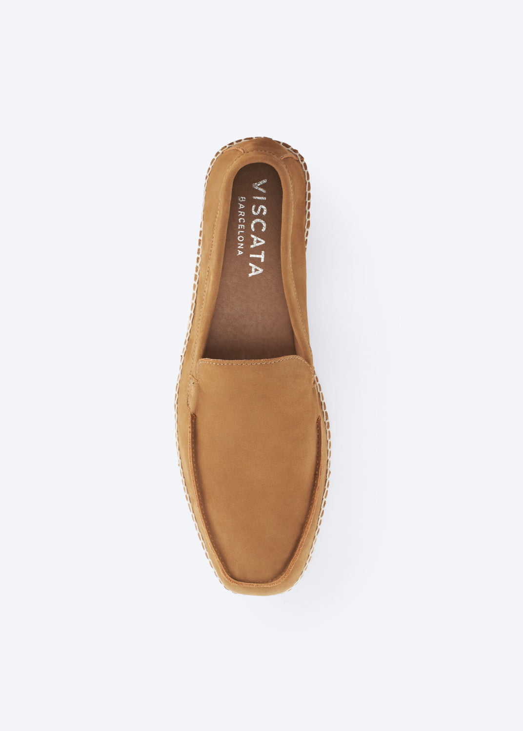 Top view of a camel suede espadrille loafer.