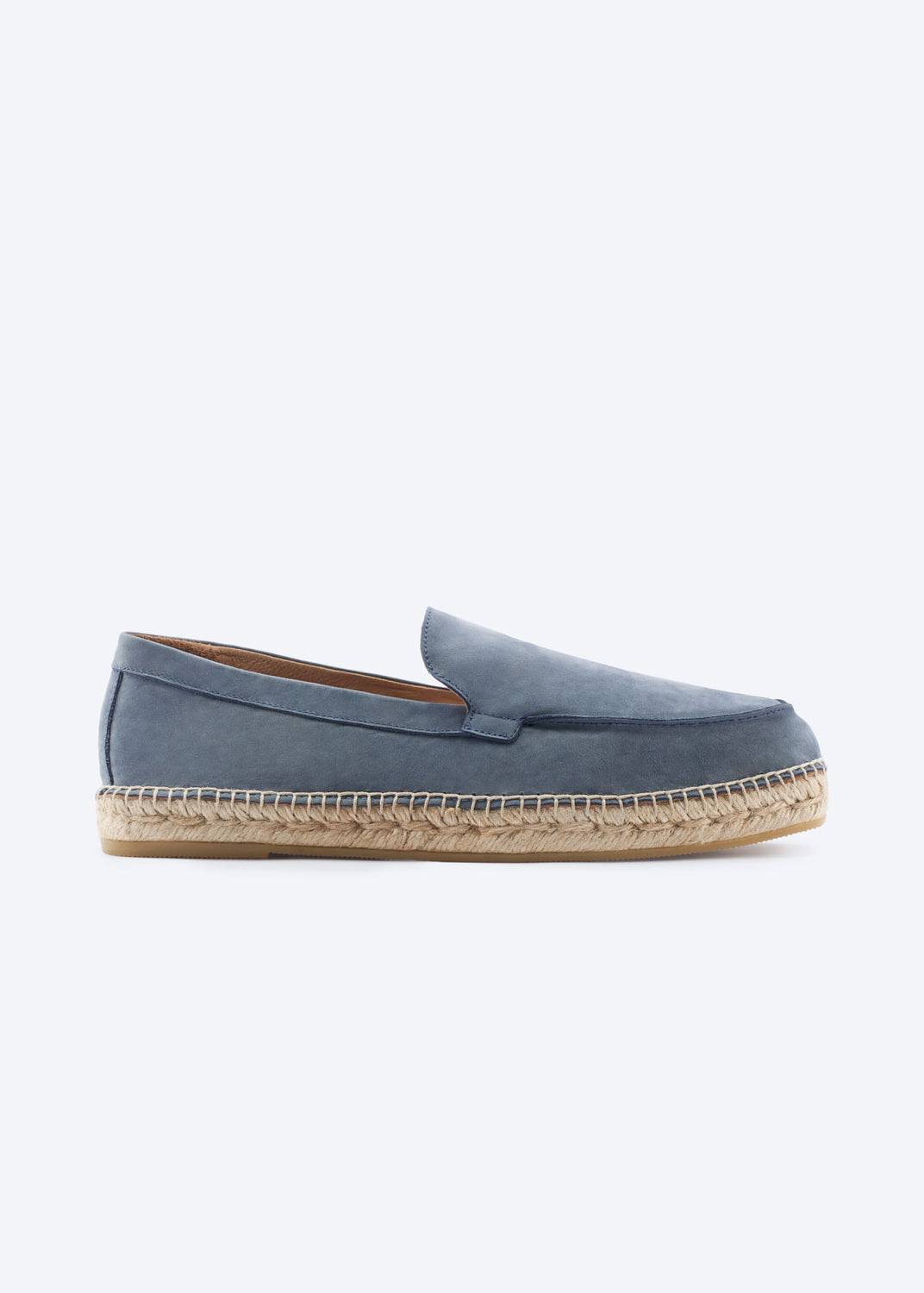 Navy suede espadrille flat loafer with jute sole, side profile.