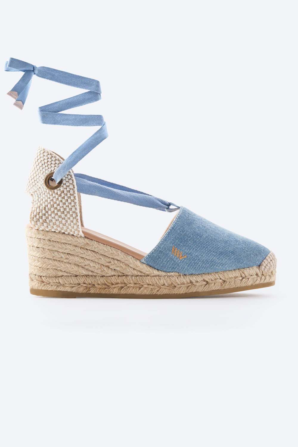 Escala Limited Edition Light Denim Canvas Lace Up Women Espadrille Wedge