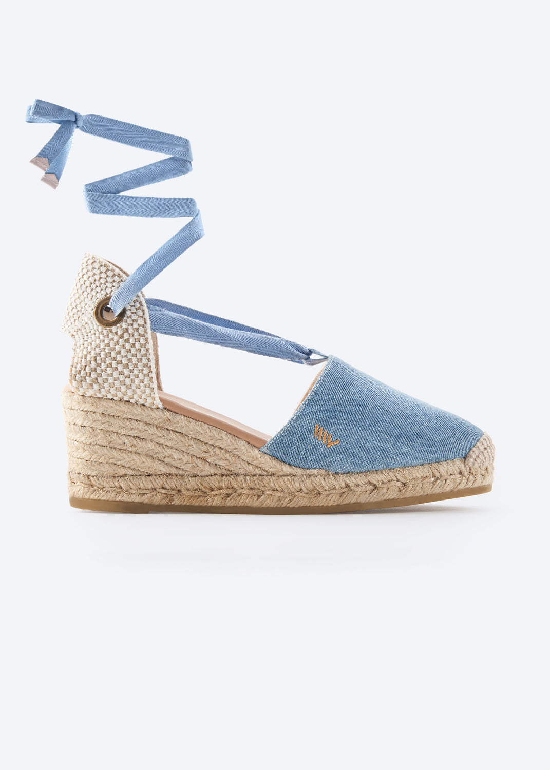 Escala Limited Edition Light Denim Canvas Lace Up Women Espadrille Wedge