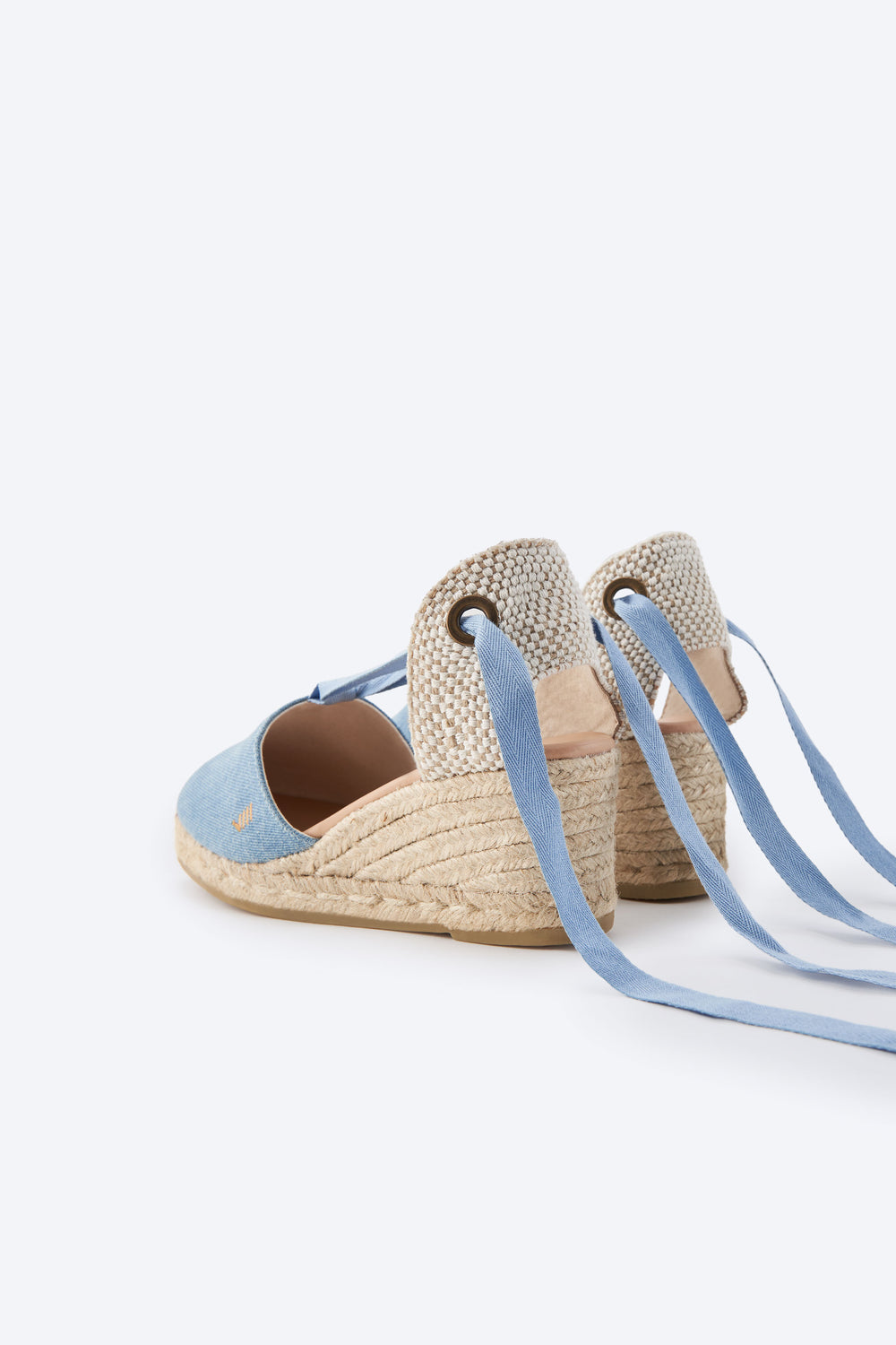Escala Limited Edition Light Denim Canvas Lace Up Women Espadrille Wedges Flexible Back Detail