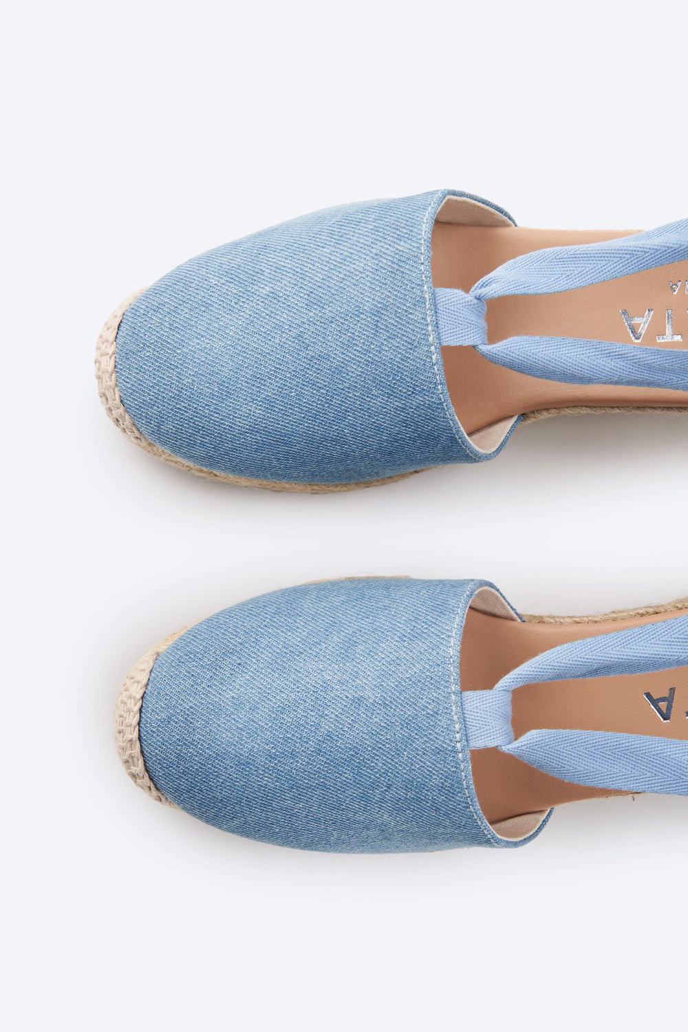 Escala Limited Edition Light Denim Canvas Lace Up Women Espadrille Wedges Rounded Closed Toe Detail
