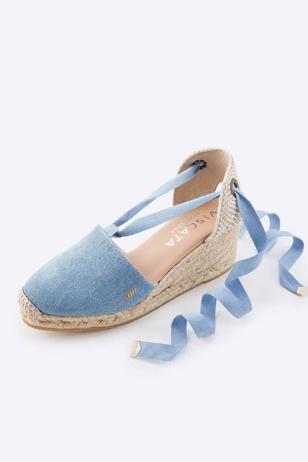 Escala Limited Edition Light Denim Canvas Lace Up Closed Toe Women Espadrille Wedge